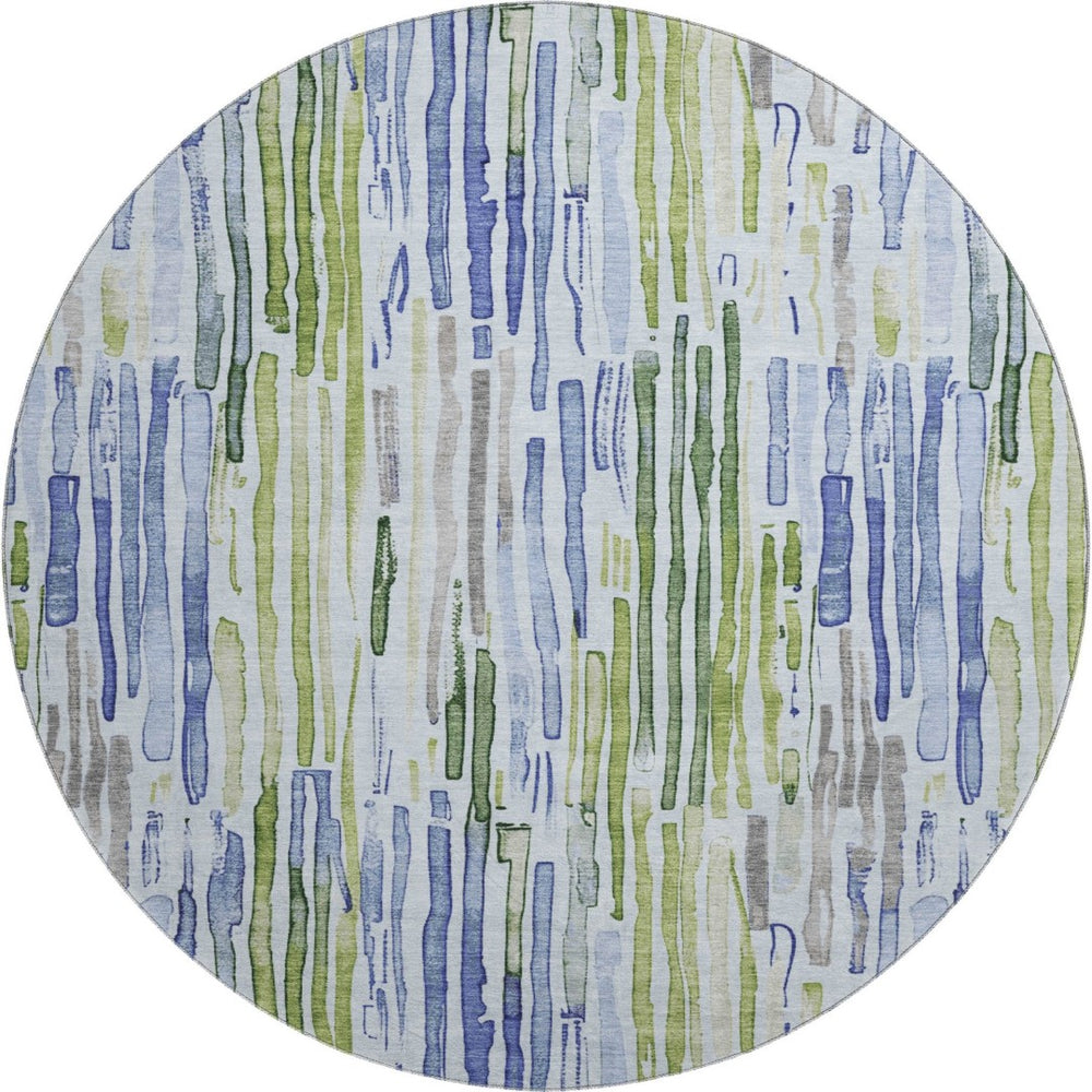 HomeRoots 8' Coastal-Inspired Washable Round Rug in Sky Blue, Green & Ivory - UV Protected, Durable Design! 697137