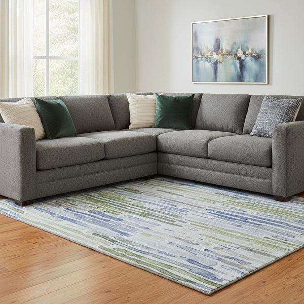 HomeRoots 8' X 10' Striped Washable Area Rug in Sky Blue, Green & Ivory - UV Protected, Durable & Stylish 697138