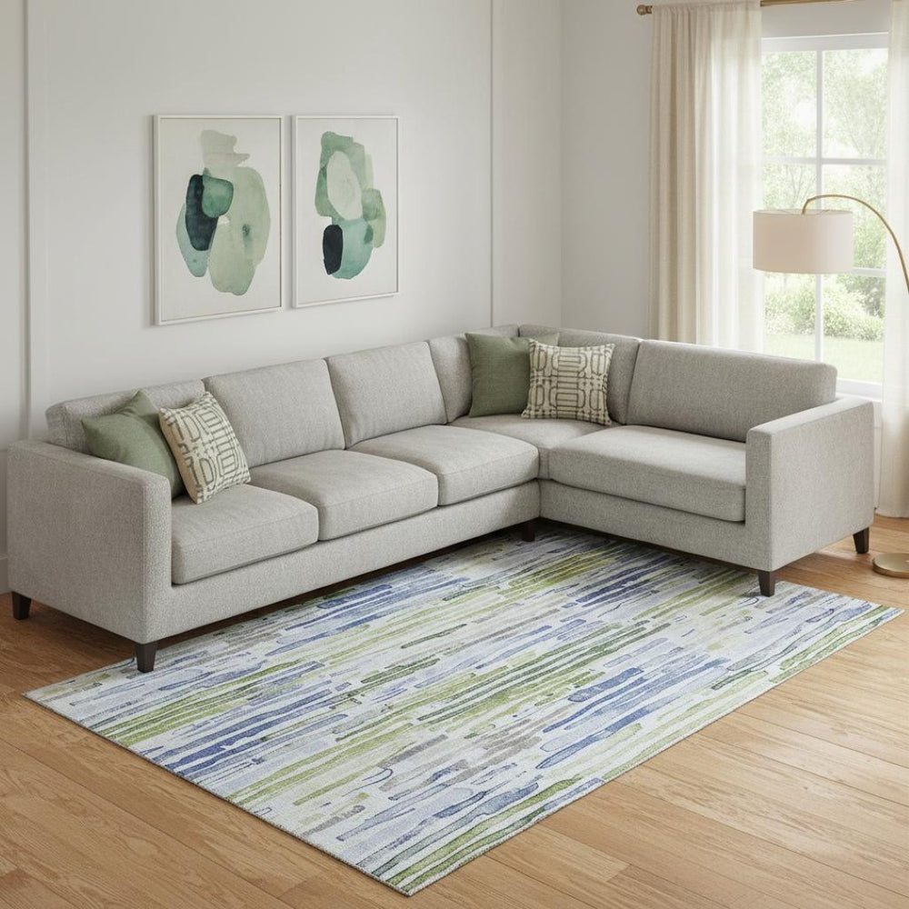 HomeRoots 9' x 12' Sky Blue, Green & Ivory Striped Washable Area Rug - Durable, UV Protected & Pet Friendly! 697139