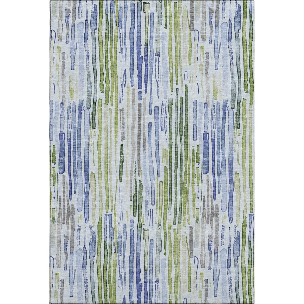HomeRoots 9' x 12' Sky Blue, Green & Ivory Striped Washable Area Rug - Durable, UV Protected & Pet Friendly! 697139