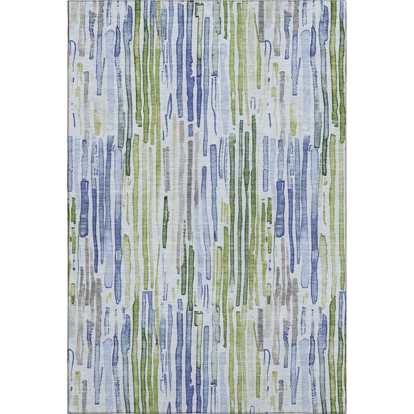 HomeRoots 9' x 12' Sky Blue, Green & Ivory Striped Washable Area Rug - Durable, UV Protected & Pet Friendly! 697139