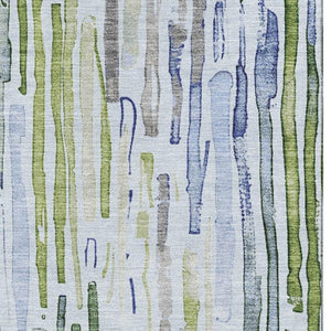 HomeRoots 9' x 12' Sky Blue, Green & Ivory Striped Washable Area Rug - Durable, UV Protected & Pet Friendly! 697139