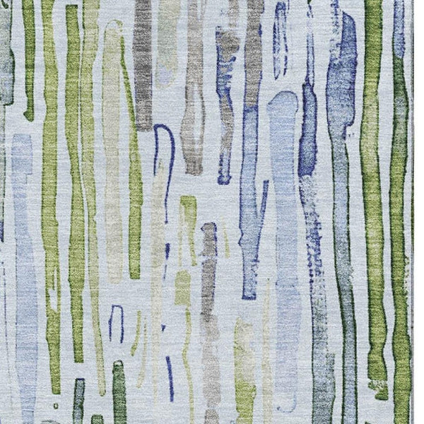 HomeRoots 9' x 12' Sky Blue, Green & Ivory Striped Washable Area Rug - Durable, UV Protected & Pet Friendly! 697139