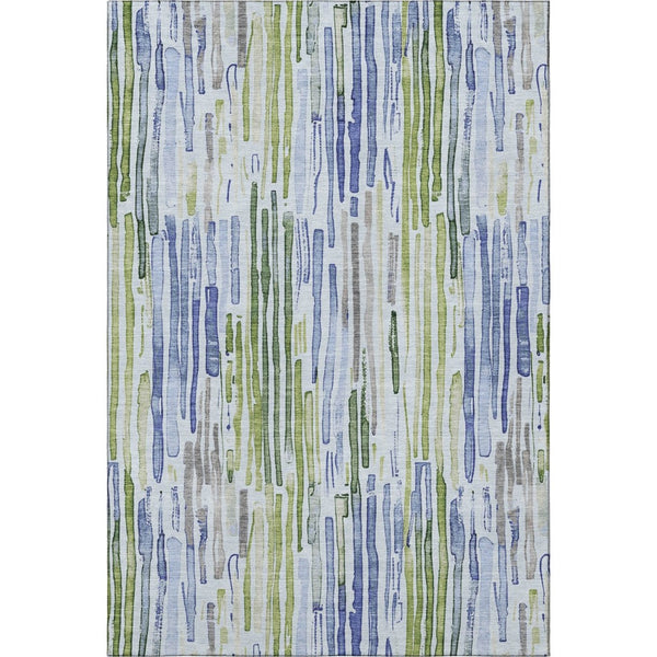 HomeRoots 9' x 12' Sky Blue, Green & Ivory Striped Washable Area Rug - Durable, UV Protected & Pet Friendly! 697139