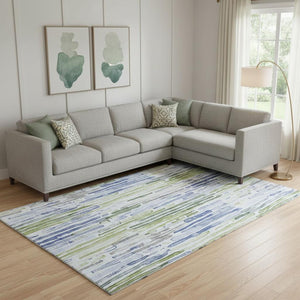 HomeRoots 10' X 14' Striped Area Rug in Sky Blue, Green & Ivory - Washable, UV Protected & Pet Friendly Decor 697140