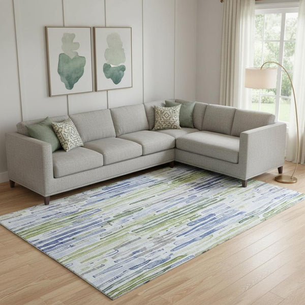 HomeRoots 10' X 14' Striped Area Rug in Sky Blue, Green & Ivory - Washable, UV Protected & Pet Friendly Decor 697140