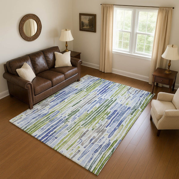 HomeRoots 10' X 14' Striped Area Rug in Sky Blue, Green & Ivory - Washable, UV Protected & Pet Friendly Decor 697140