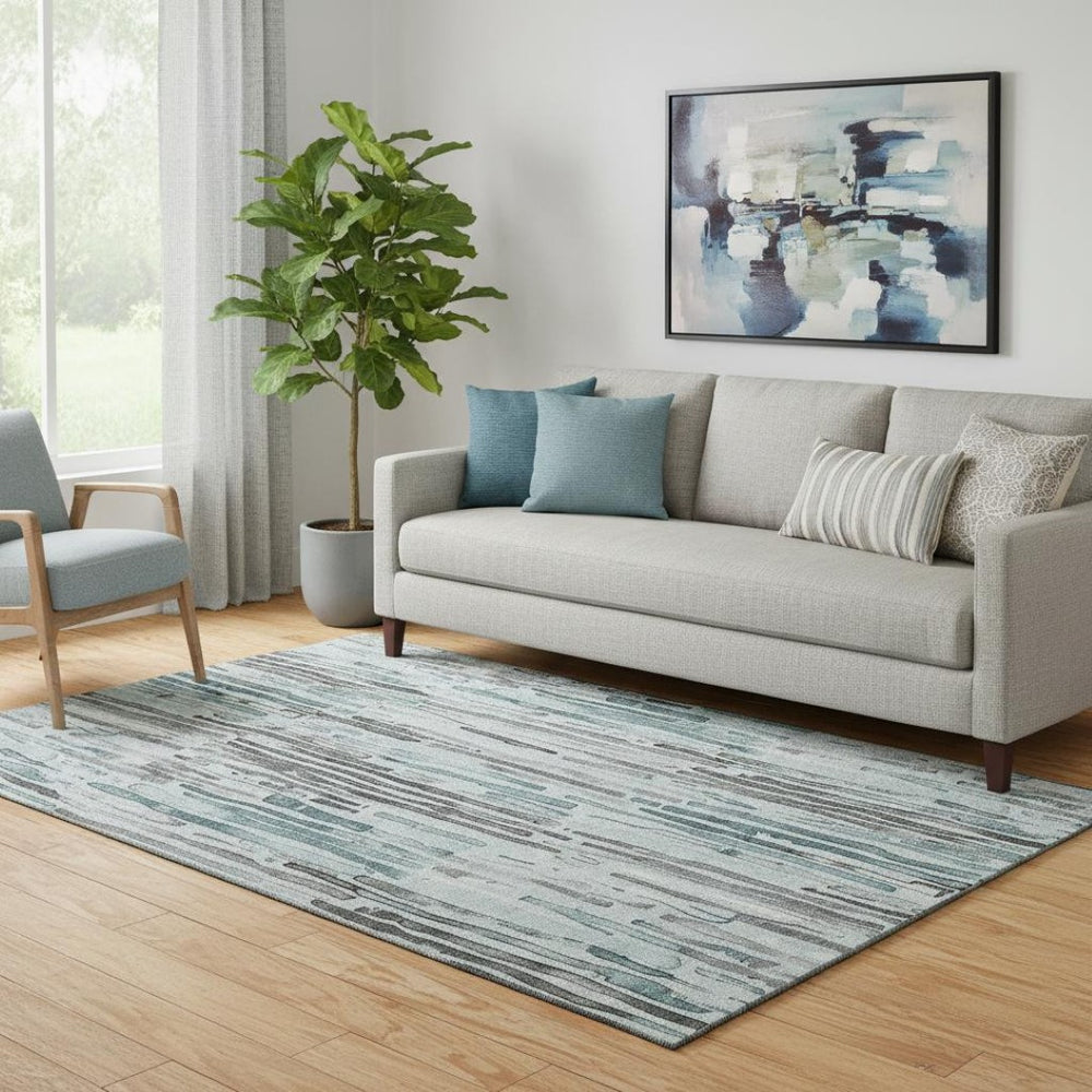 HomeRoots 5' X 8' Stylish Teal Gray Silver Striped Area Rug - Washable, UV Protected, Perfect for High Traffic Homes 697142
