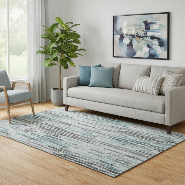 HomeRoots 5' X 8' Stylish Teal Gray Silver Striped Area Rug - Washable, UV Protected, Perfect for High Traffic Homes 697142