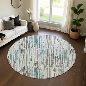 HomeRoots 8' Teal Gray & Silver Striped Washable Round Rug - UV Protected, Durable & Stylish for Any Space 697143