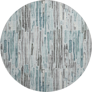 HomeRoots 8' Teal Gray & Silver Striped Washable Round Rug - UV Protected, Durable & Stylish for Any Space 697143