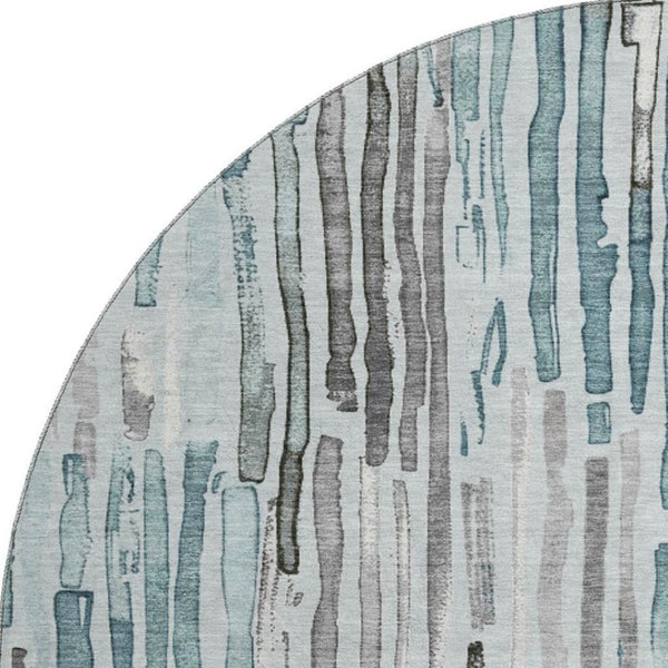HomeRoots 8' Teal Gray & Silver Striped Washable Round Rug - UV Protected, Durable & Stylish for Any Space 697143