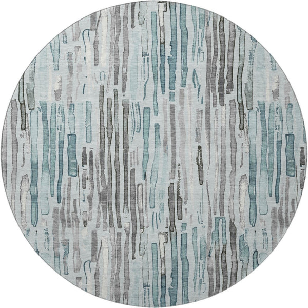 HomeRoots 8' Teal Gray & Silver Striped Washable Round Rug - UV Protected, Durable & Stylish for Any Space 697143