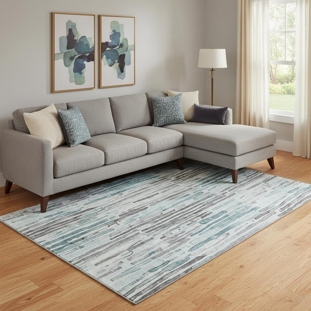 HomeRoots 9' X 12' Teal Gray Silver Striped Area Rug - Washable, UV Protected, Stylish & Durable for Every Home 697145