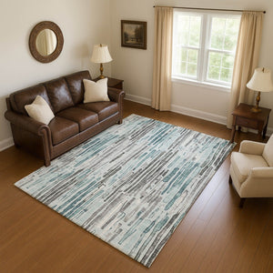 HomeRoots 9' X 12' Teal Gray Silver Striped Area Rug - Washable, UV Protected, Stylish & Durable for Every Home 697145