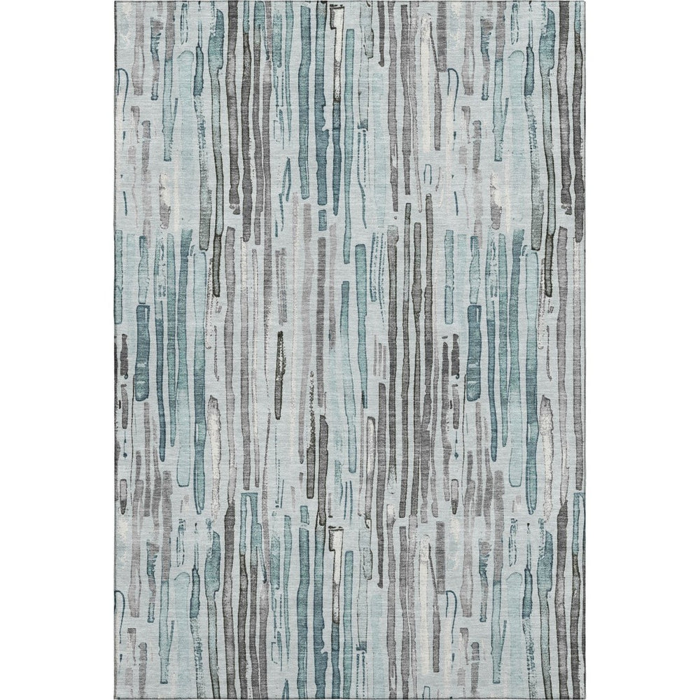HomeRoots 9' X 12' Teal Gray Silver Striped Area Rug - Washable, UV Protected, Stylish & Durable for Every Home 697145