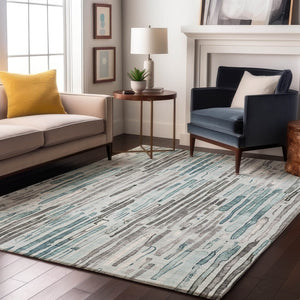 HomeRoots 9' X 12' Teal Gray Silver Striped Area Rug - Washable, UV Protected, Stylish & Durable for Every Home 697145