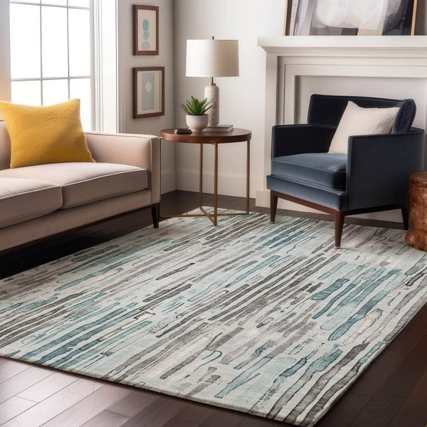 HomeRoots 9' X 12' Teal Gray Silver Striped Area Rug - Washable, UV Protected, Stylish & Durable for Every Home 697145