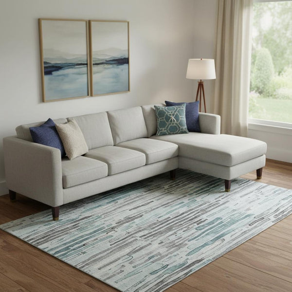 HomeRoots 10' X 14' Teal Gray Silver Striped Washable Area Rug with UV Protection for Modern Living Spaces 697146