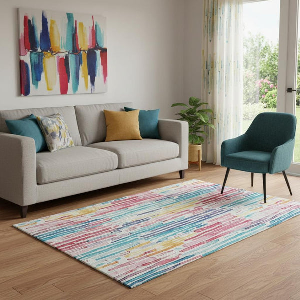 HomeRoots 5' X 8' Colorful Striped Washable Area Rug with UV Protection – Perfect for Busy Homes & Kids! 697148