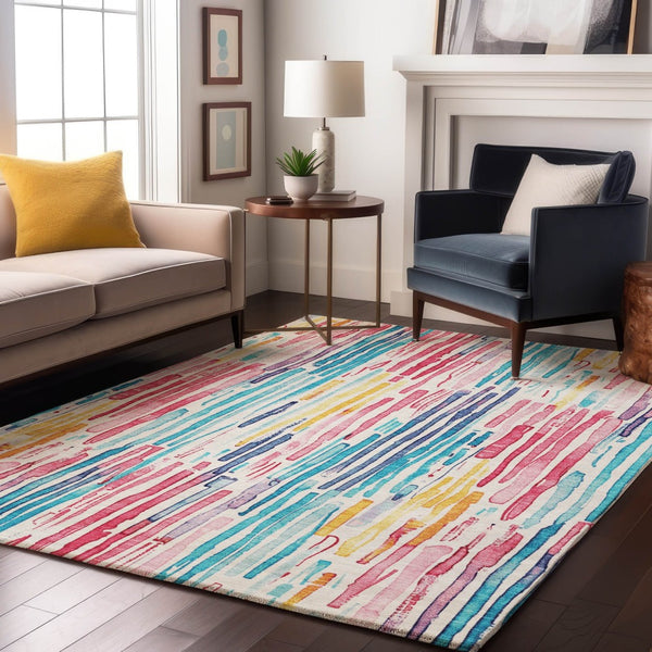 HomeRoots 5' X 8' Colorful Striped Washable Area Rug with UV Protection – Perfect for Busy Homes & Kids! 697148