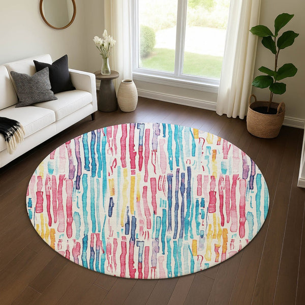 HomeRoots 8' Washable Round Rug in Striking White, Pink & Teal Stripes – Durable, UV Protected & Easy Care! 697149
