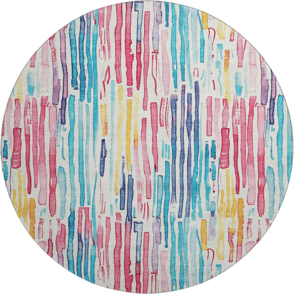 HomeRoots 8' Washable Round Rug in Striking White, Pink & Teal Stripes – Durable, UV Protected & Easy Care! 697149