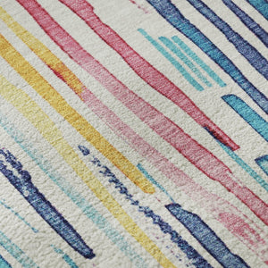 HomeRoots 8' Washable Round Rug in Striking White, Pink & Teal Stripes – Durable, UV Protected & Easy Care! 697149