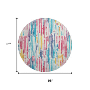 HomeRoots 8' Washable Round Rug in Striking White, Pink & Teal Stripes – Durable, UV Protected & Easy Care! 697149