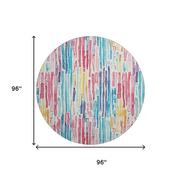 HomeRoots 8' Washable Round Rug in Striking White, Pink & Teal Stripes – Durable, UV Protected & Easy Care! 697149