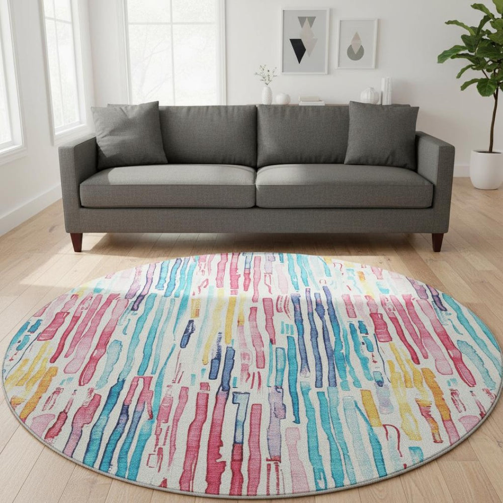 HomeRoots 8' Washable Round Rug in Striking White, Pink & Teal Stripes – Durable, UV Protected & Easy Care! 697149