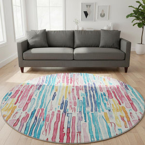 HomeRoots 8' Washable Round Rug in Striking White, Pink & Teal Stripes – Durable, UV Protected & Easy Care! 697149