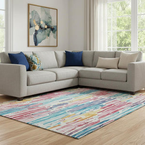 HomeRoots 8' X 10' Modern Striped Washable Area Rug in White, Pink & Teal – UV Protected for Indoor & Outdoor Use 697150