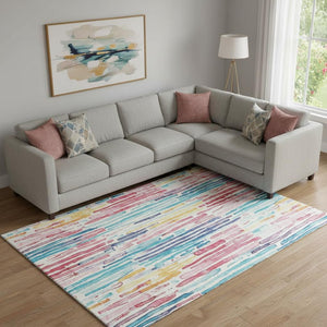 HomeRoots 9' x 12' Striped Washable Area Rug in White, Pink & Teal - UV Protected, Soft & Durable for Any Room 697151