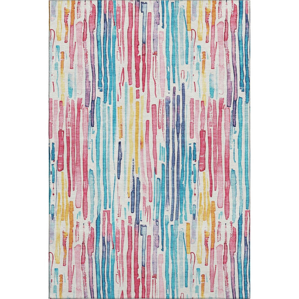 HomeRoots 9' x 12' Striped Washable Area Rug in White, Pink & Teal - UV Protected, Soft & Durable for Any Room 697151
