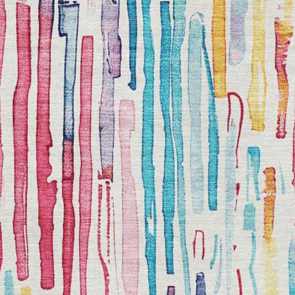 HomeRoots 9' x 12' Striped Washable Area Rug in White, Pink & Teal - UV Protected, Soft & Durable for Any Room 697151