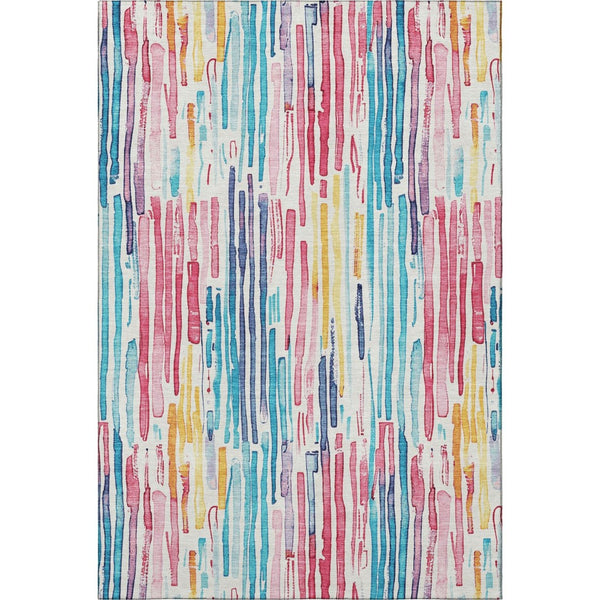 HomeRoots 9' x 12' Striped Washable Area Rug in White, Pink & Teal - UV Protected, Soft & Durable for Any Room 697151