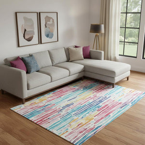 HomeRoots 10' X 14' Washable Area Rug in White, Pink & Teal Stripes - UV-Protected, Durable & Stylish Design 697152