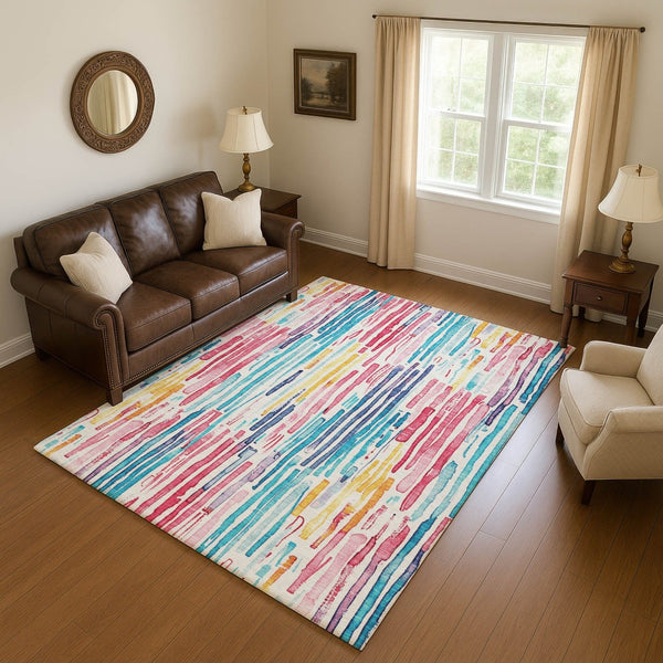 HomeRoots 10' X 14' Washable Area Rug in White, Pink & Teal Stripes - UV-Protected, Durable & Stylish Design 697152