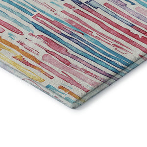 HomeRoots 10' X 14' Washable Area Rug in White, Pink & Teal Stripes - UV-Protected, Durable & Stylish Design 697152
