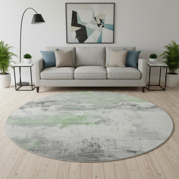 HomeRoots 8' Artichoke Green Gray Ivory Abstract Round Washable Rug - Durable, UV Protected & Stylish Design 697155