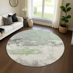 HomeRoots 8' Artichoke Green Gray Ivory Abstract Round Washable Rug - Durable, UV Protected & Stylish Design 697155