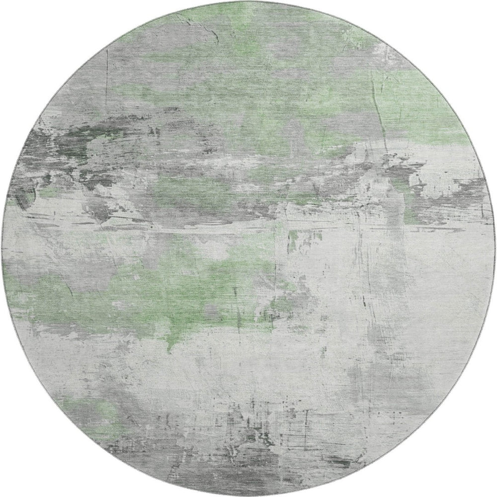 HomeRoots 8' Artichoke Green Gray Ivory Abstract Round Washable Rug - Durable, UV Protected & Stylish Design 697155
