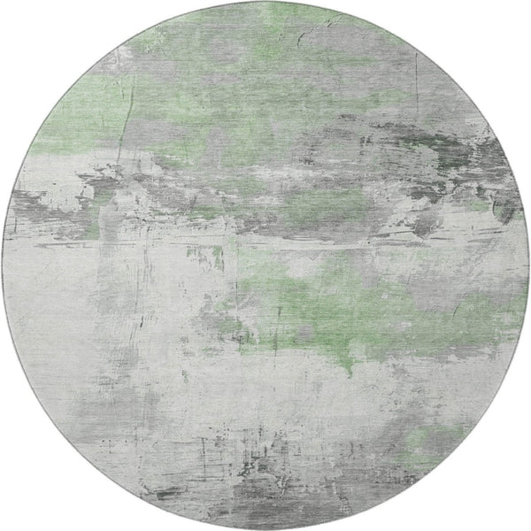 HomeRoots 8' Artichoke Green Gray Ivory Abstract Round Washable Rug - Durable, UV Protected & Stylish Design 697155