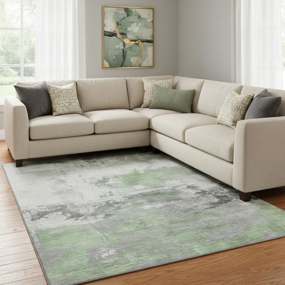 HomeRoots 8' X 10' Modern Abstract Washable Area Rug in Artichoke Green, Gray & Ivory - UV Protected & Durable 697156