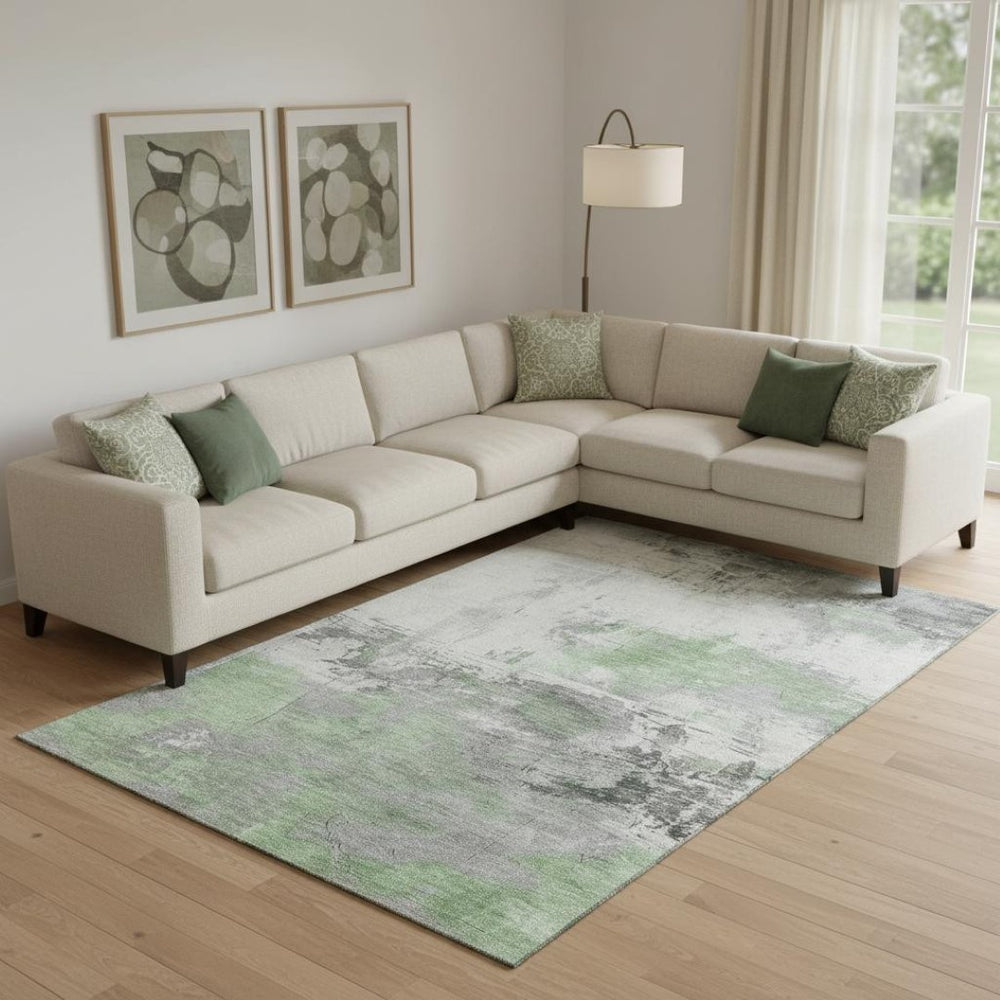 HomeRoots 9' X 12' Artichoke Green Gray Ivory Washable Area Rug - UV Protected, Durable, Modern Elegance! 697157