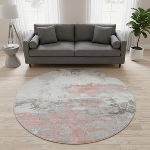 HomeRoots 8' Coral Gray and Ivory Abstract Round Rug - Washable, UV Protected, Perfect for High-Traffic Areas 697161