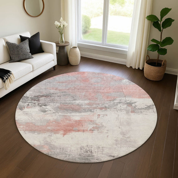 HomeRoots 8' Coral Gray and Ivory Abstract Round Rug - Washable, UV Protected, Perfect for High-Traffic Areas 697161