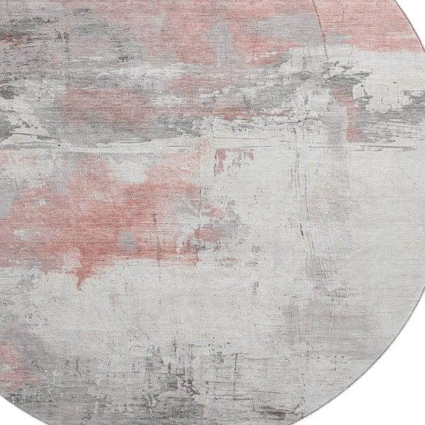 HomeRoots 8' Coral Gray and Ivory Abstract Round Rug - Washable, UV Protected, Perfect for High-Traffic Areas 697161