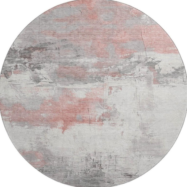 HomeRoots 8' Coral Gray and Ivory Abstract Round Rug - Washable, UV Protected, Perfect for High-Traffic Areas 697161